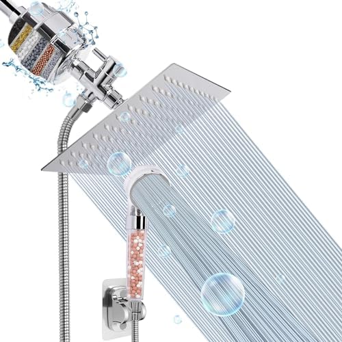 Filter Shower Head, High Pressure 8 Inch Rainfull with Filter Combo for Hard Water, Remove Chlorine Fluoride and Harmful Substances- 1 Replaceable Filter Cartridge (Square, Chrome) by HOME