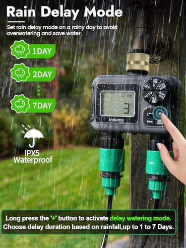 Insoma 2-Zone Hose Timer - Brass Inlet Dual Outlet Sprinkler Timer with Rain Delay/Manual/Auto Modes, 2-Outlet Water Timers for Garden/Greenhouse/Flower Irrigation, Durable Faucet Timers for Lawn Care - Image 5