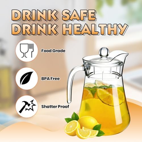 Plastic Juice Pitcher with Lids & cups, 50 oz Large Capacity, Shatterproof & BPA-Free Water Jug for Tea, Lemonade, Sangria, Juice, Beverages - Image 4