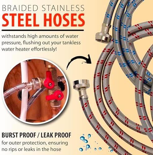 DrainX Tankless Water Heater Flushing Kit with Eco-safe Liquid Descaler Solution, Steel Hoses, 1/6HP Extra Strength Pump - Image 6