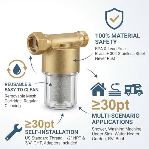 40 Micron Brass Inline Spin Down Sediment Water Filter for Washer, Washing Machine, Shower, Well Water, with 3/4" GHT +1/2" NPT Adapter + 3/4" GHT Female Garden Hose Faucet Nozzle Connector (Brass) - Image 2