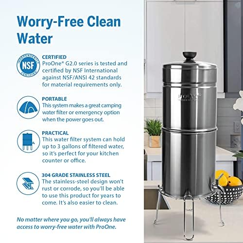ProOne Big+ Gravity Water Filter System High Capacity Countertop Stainless Steel Water Filter Dispenser IAPMO Certified to Reduce Lead, Total PFAS, Microplastics, Chlorine Taste & Odor, 3 Pack Filter - Image 3