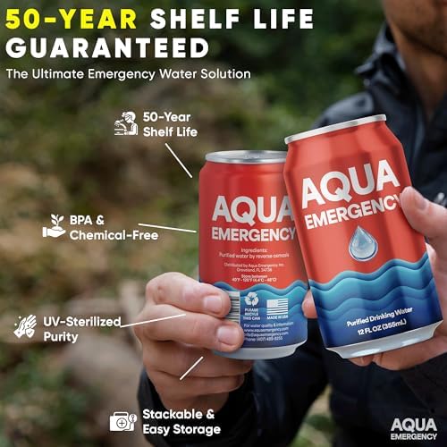 Aqua Emergency Drinking Canned Water- (24 Cans) 12 fl Oz (50 Years) Shelf Life for Everyday Hydration, Emergency, Survival Use-Purified via Reverse Osmosis | Plant-Based, BPA Free, Eco-Friendly Packaging, Made in USA-1 Case - Image 2