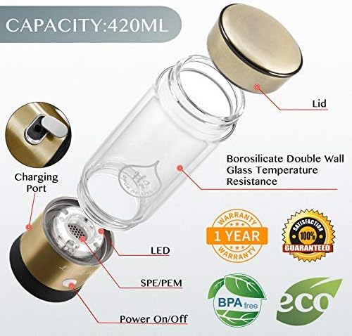LevelUpWay 2025 Hydrogen Water Bottle Generator – New Technology Glass with SPE PEM Ionic Membrane – High Borosilicate Glass – 13 Ounce (Gold) – Premium Hydration Solution - Image 3