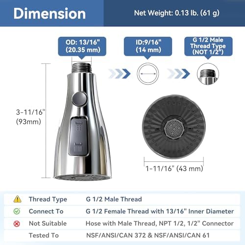 Kitchen Faucet Head Replacement with 3 Modes, Pull Down Spray Head for Kitchen Faucet, Kitchen Sink Sprayer Replacement Compatible with Moen, American Standard, Kohler Faucets - Image 2
