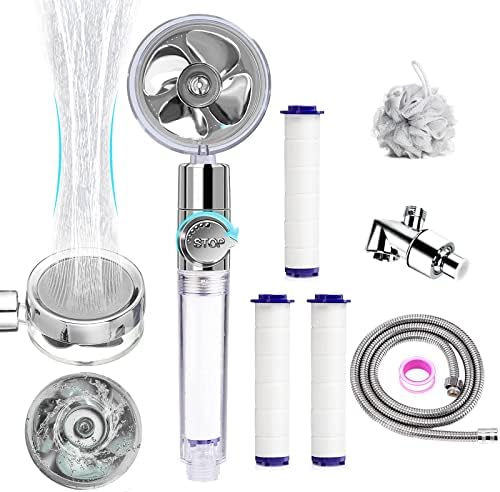 Filtered Shower Head with Handheld High Pressure Handheld Turbo Fan Shower Kit with Replacement Hose/Bracket/Cotton Filters and Bath Loofah, One Key Pause Switch 360 Degrees Rotating Transparent Gray - Image 6