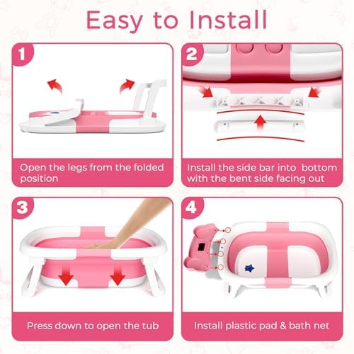 BUNWAG Baby Bathtub, Collapsible Newborn Bathtub for Infant to Toddler with Soft Cushion and Thermometer, Travel Newborn Tub with No-Slip Feet, Baby Shower Gifts, 0-12 Months Baby Bath, Rose Pink - Image 5