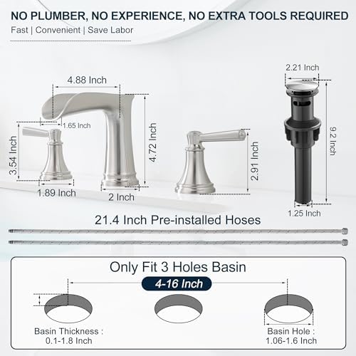 8 Inch Brushed Nickel Bathroom Faucet Widespread, Brass Waterfall Faucet for Bathroom Sink 3 Hole 2 Handle with Pop up Drain & Pre-Installed cUPC Supply Pipe for Restroom, 10 Mins Install - Image 3