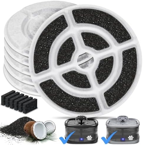 Kastty 6 Pack 18CM Larger More Activated Carbon Replacement F-ilters for 9L Large Dog Water Fountains, Food Grade, Made of Coconut Activated Carbon and PP Cotton, 6 + 6 P ump F ilters by KASTTY
