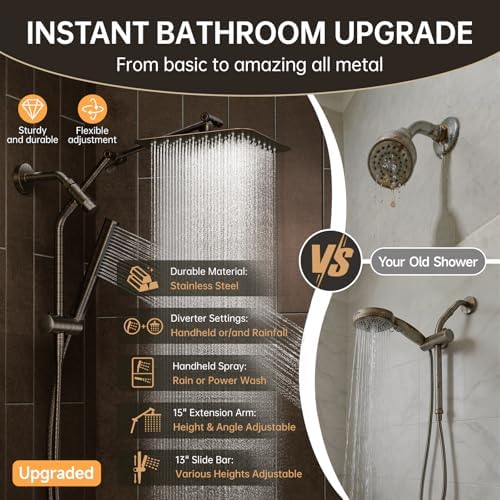 Veken All Metal 10" Oil Rubbed Bronze Rain Shower Head with Handheld Spray - Image 5