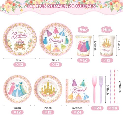 144 Pcs Princess Paper Plates Napkins, Birthday Party Supplies Include Forks Cups Straws, Summer Party Tableware Set for Kids, Serves 24 Guests - Image 3