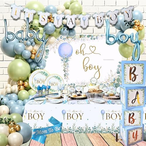 MEGA 254 Pc Watercolor Dusty Blue And Sage Green Baby Shower Decorations Boy, Gender Neutral Balloons Garland Kit, BABY boxes, Backdrop, Banners, Cake Topper, Tablecloth, Plates Napkins, Cups Utensils by RegalDecorations