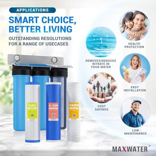 Max Water 3 Stage Whole House Water Filter System Nitrate Removal - 20" x 4.5" Wound Sediment + Anion Resin Nitrate Reduction + GAC - 1" Inlet/Outlet - Image 6