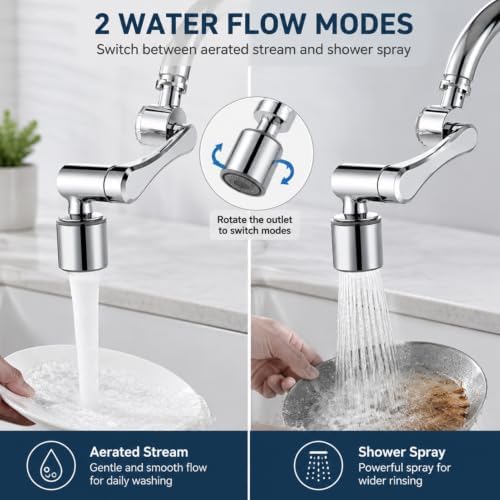 1080° Swivel Brass Faucet Extender, 2-Mode Filter, 20/22/24mm Adapters (Silver) - Image 5