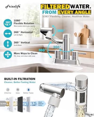 Frizzlife MF1080-D 4 Inch Centerset Bathroom Sink Faucet and Kitchen Sink Faucet with Carbon Block Water Filter, NSF/ANSI 372 Certified, 1080° Rotatable, 2-Handle, Stream/Spray, 304 Stainless Steel - Image 3
