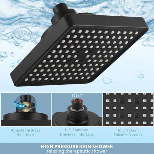 High Pressure Rain Shower Head with Filtered - 6" Square Showerhead Filter for Remove Chlorine and Harmful Substances, Improve Hair and Skin Problems, Matte Black - Image 5