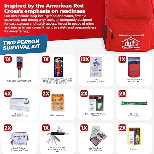 First My Family All-in-One Premium 2-Person Emergency Survival Kit | Hurricane & Earthquake Preparedness Supplies | Disaster Backpack with 72-Hour Survival Gear, First Aid, and More - Image 5