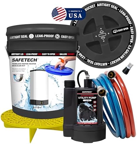 Safetech Tankless Water Heater Flushing Kit with Screw-Top Lid, Premium Hoses, 1/6 HP Utility Pump, and Pump Grate - Just Add Vinegar by SafeTech