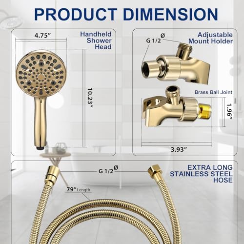 High Pressure 10 Setting Handheld Shower Head, 5" Detachable Showerhead Spray Built-in Power Wash to Clean Tub, Tile & Pets, 79" Extra Long Stainless Steel Hose, Adjustable Bracket - Gold - Image 4