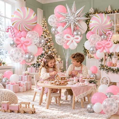 130Pcs Pink White Silver Christmas Balloon Garland Kit with Snowflakes - Image 6