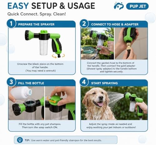 Pup Jet Dog Washing Hose Attachment with Soap Dispenser, 8-in-1 Spray Nozzle, Shampoo Sprayer for Dog Bath and Grooming, with Silicone Brush - Image 4
