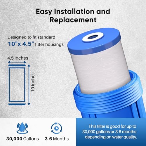 PUREPLUS Whole House Water Filter, 10"x4.5" Universal Housing, Blue, with 2 Compound Water Filters, Reduceing Chlorine, sand, rust, sediment, color, Replacement for FXHTC, GXWH40L, GXWH35F, GNWH38S - Image 2