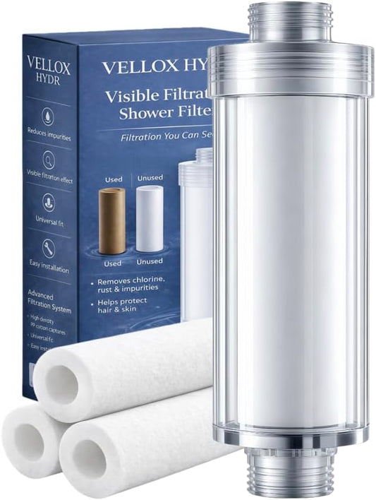 Vellox Hydr Shower Filter with Visible Effectiveness to Remove Chlorine, Rust and Impurities, Protect Hair and Skin, Leak Proof Design, 0.5 Micron Filtration, 3 Replacement Filters by Unknown