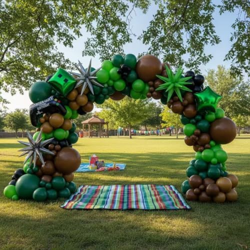 158Pcs Pixel Balloon Garland Arch Kit - Video Game Party Decorations with 18 12 10 5 Different Sizes Green Brown Black Latex Balloons for Pixel Birthday Baby Shower Boy Gaming Theme Decorations - Image 3