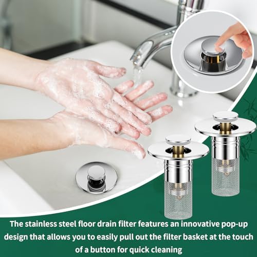 Vodolo 3 in 1 Sink Drain Strainer with Hair Catcher,4PCS Stainless Steel Popup Sink Stopper with Basket for Bathroom Kitchen Shower,Pop-up Bounce Core Floor Basin Drain Filter,Replacement Sink Plug - Image 5
