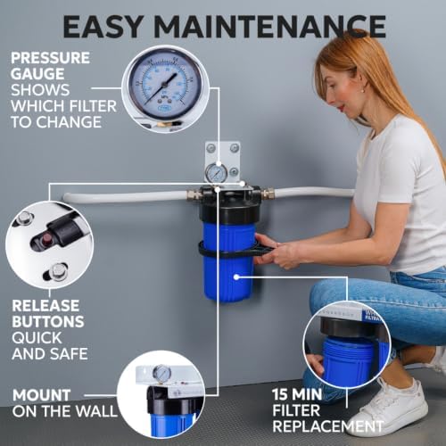 Aquaboon Whole House Water Filter System for Well Water with10x4.5 KDF Heavy Metals Purification Cartrige | NSF Certified, Pressure Gauges & Releas, Wrench, Bracket 1" NPT - Image 4