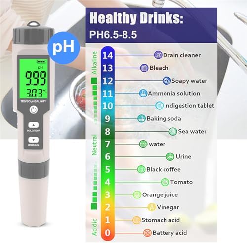 Pool Salt Tester - Multifunctional 5 in 1 Salinity, PH, TDS, EC, and Temperature Meter, Pool Salinity Testing Kit, Digital Salinity Tester for Swimming Pool,Saltwater, Sea Water, Aquarium - Image 4