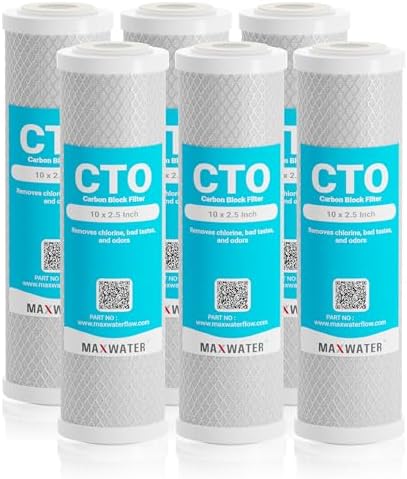 Max Water 5 Micron 10" x 2.5" Carbon Block Water Filter Replacement Cartridge for Whole House Water Filtration System Compatible with WFPFC8002, FXWTC, WHEF-WHWC, AMZN-SCWH-5, 6 - pack by MaxWater
