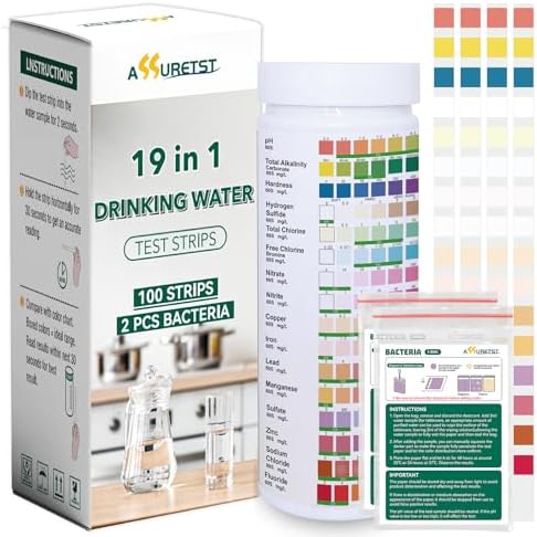 19 in 1 Drinking Water Test Strips, ASSURETST Water Quality Test Kit for Tap Well Water, Accurate Detection of pH Hardness Chlorine Nitrate Lead Bacteria - 100 Strips + 2 Bacteria Tests by ASSURETST
