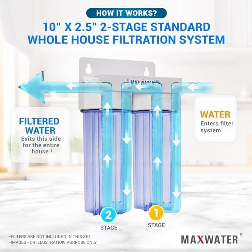 Max Water 10" 2 Stage Whole House Standard Home Water Filter System 3/4" Inlet Clear Filter Housing Variation, Supports 10" x 2.5" Water Filters (Clear, NO Filters) - Image 5