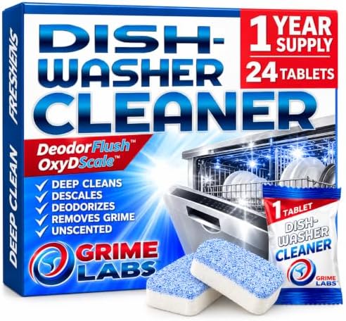 Dishwasher Cleaner Deodorizer Descaler Tablets, 24 pack Heavy Duty Deep Clean and Natural Limescale Remover, Dish Washer Cleaner Machine Pods, 12 Months Supply by GRIMELABS