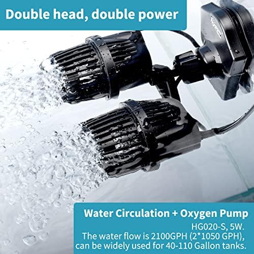 hygger 2100GPH Double Head Aquarium Wave Maker, Quiet 5W Aquarium Circulation Pump, with Strong Magnetic Suction Base, 360°Adjustable Power Head, for 40~110 Gal Tank - Image 3