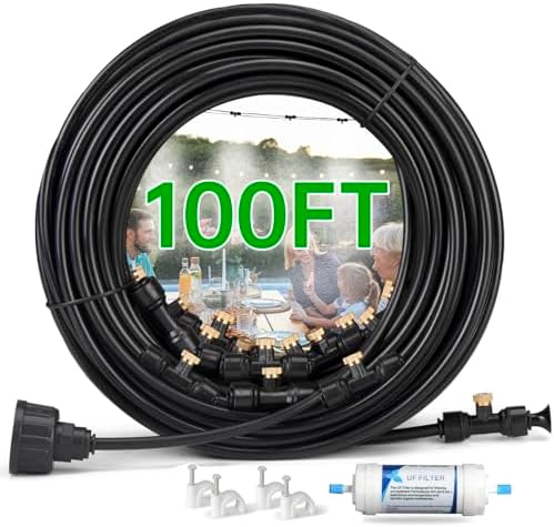 100FT Misting Cooling System for Patio & Garden - Brass Nozzles, UV-Resistant Tubing, DIY Installation - Water-Saving Backyard Mister for Outdoors, Greenhouse, Trampoline, Pool, BBQ Parties by Funpynani