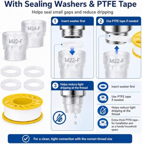 Faucet Adapter Kit, 8 Thread Sizes M18-M28, Includes U.S. Sizes 15/16"-27 and 55/64"-27, for Removable Faucet Aerators and Standard M22 Male Faucet-Mounted Accessories, BPA-Free ABS - Image 3
