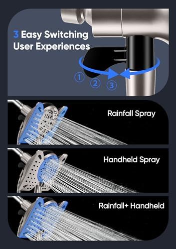 Shower Head with Handheld High Pressure, Rain Shower Head with Fixed Showerhead and 9 Sprays Handheld Shower, Detachable 2-IN-1 Shower head with 59" Rotatable Stainless Steel Hose (Nickel) - Image 3