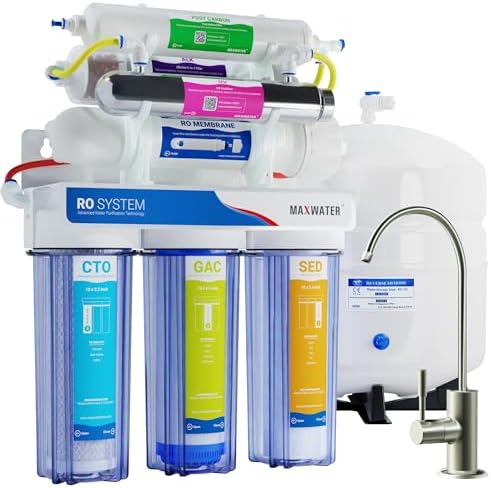 Max Water 11 Stage 50 GPD (Gallon Per Day) RO (Reverse Osmosis) + U - V & pH Alkaline (5 in 1) Under Sink Water Filter System for Drinking by MaxWater