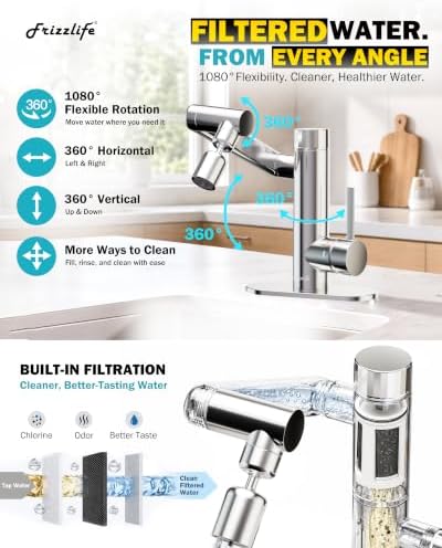 Frizzlife MF1080-S Bathroom Sink Faucet and Kitchen Sink Faucet, Built-in Carbon Block Filter, NSF/ANSI 372 Certified, 1080° Rotatable, Single Hole Single Handle, Stream/Spray, 304 Stainless Steel - Image 2