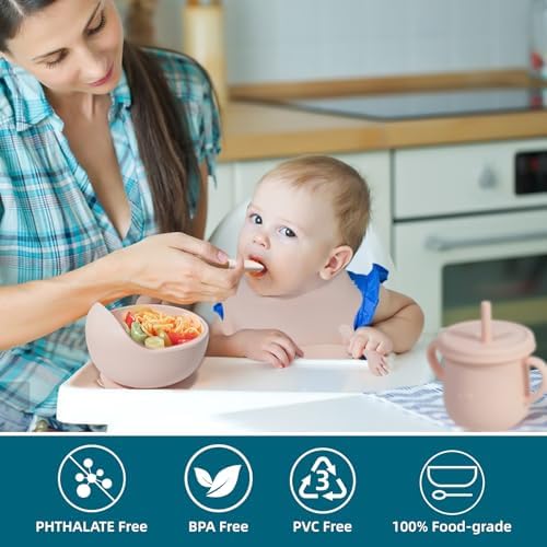 100% Silicone Baby Feeding Set,BPA Free Baby Dishes Set with Suction Bowl Divided Plate,Toddler Self Feeding Dish Set with Spoons Forks Sippy Cup and Bib, Baby Eating Utensils (Pink) - Image 4