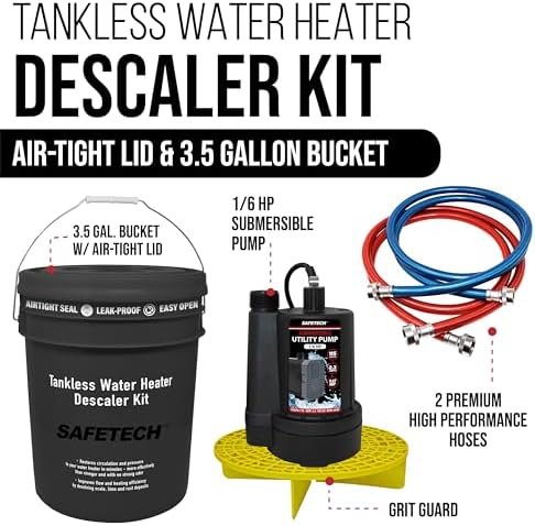 Safetech Tankless Water Heater Flushing Kit with Screw-Top Lid, Premium Hoses, 1/6 HP Utility Pump, and Pump Grate - Just Add Vinegar - Image 2