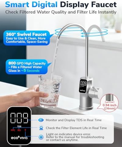 E8 800GPD Compact Reverse Osmosis System 800 GPD Fast Flow RO Water Filter, 9 Stage Tankless Under Sink RO Water Filtration System High Pure to Drain, LED Smart Real-Time Display Faucet, Dark Black E8 - Image 4