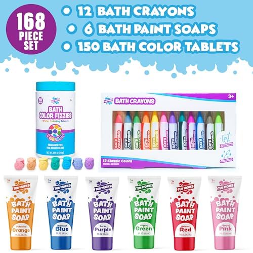 Tub Works® My Colorful Bath™ Kids Bath Set | Nontoxic | Fizzy Bath Color Tablets (150 Count), Smooth™ Bath Crayons (12 Pack) & Bath Paint Soap (6 Pack) | Creative Bath Toys for Toddlers & Kids - Image 2