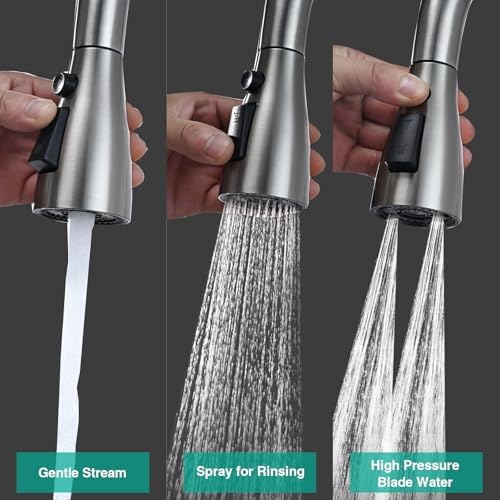 Metal Kitchen Faucet Head Replacement, 3-Function Pull Down Spray Head for Kitchen Faucet, High Pressure Sink Spray Nozzle with 9 Adapters Compatible with American Standard, Brushed Nickel - Image 3