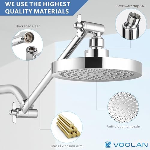Voolan Rain Shower Head with Extension Arm - High Pressure Rainfall Showerhead - Luxury Modern Look - Comfortable Shower Experience Even at Low Water Flow (Round, Chrome) - Image 3