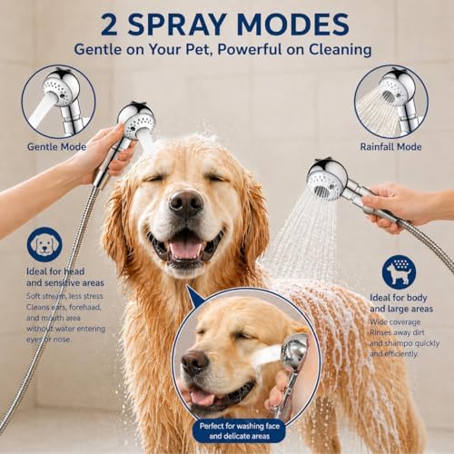 Quiet Dog Shower Attachment with One-Button Pause, 2-Mode Mini Pet Shower Head for Nervous Dog Bath& Dog Head, 98'' Long Hose, Palm-Size Design, Gentle Water Flow Perfect for Cat, Fits Shower Arm Only - Image 3