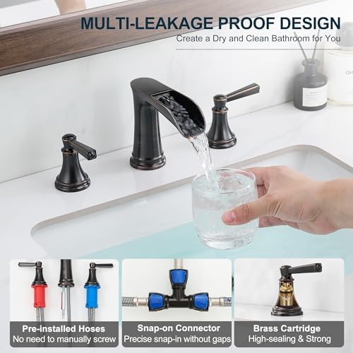 Brass 8 Inch Oil Rubbed Bronze Bathroom Faucet Waterfall Widespread Bathroom Faucets for Sink 3 Hole 2 Handle with Pop up Drain & Pre-Installed cUPC Water Hose for Vanity, 10 Mins Install - Image 5