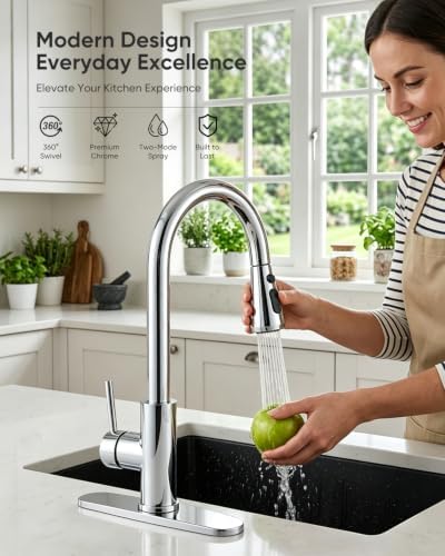 Chrome Kitchen Faucet with Pull Down Sprayer, 3-Mode Single Handle Sink Faucet for 1-Hole or 3-Hole Installation, SUS 304 Stainless Steel with 10-Inch Deck Plate - Image 2